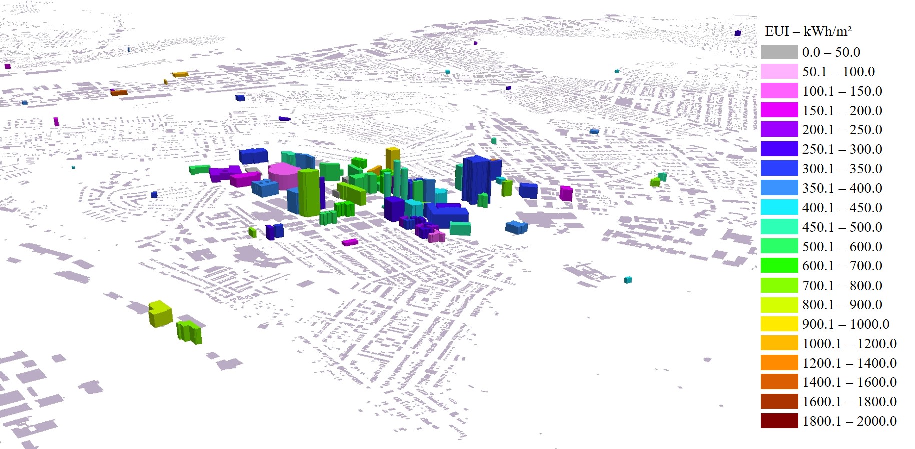Simulated annual energy use intensity (EUI) of the commercial buildings in the urban building energy model (UBEM) for Pittsburgh, Pennsylvania.