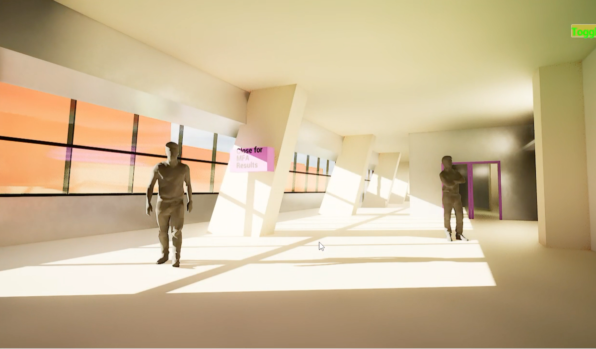 Digital twin interface - Two avatars stand in the virtual Mascaro Center Digital twin interface