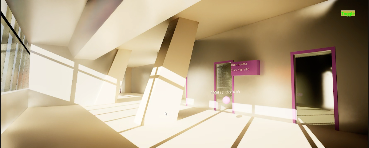 Digital twin interface 2 - A virtual room in the Mascaro Center with color overlays and prompts Digital twin interface 2