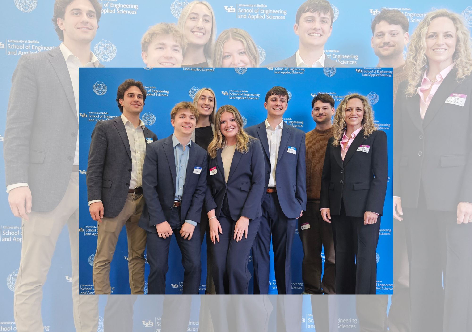 (L - R) Andreas Forand, Ethan Snyder, Kayla Franchetti, Hannah Reeve, Lucas Varley, Luka , and Dr. Lisa Maillart at the regional conference at the University of Buffalo