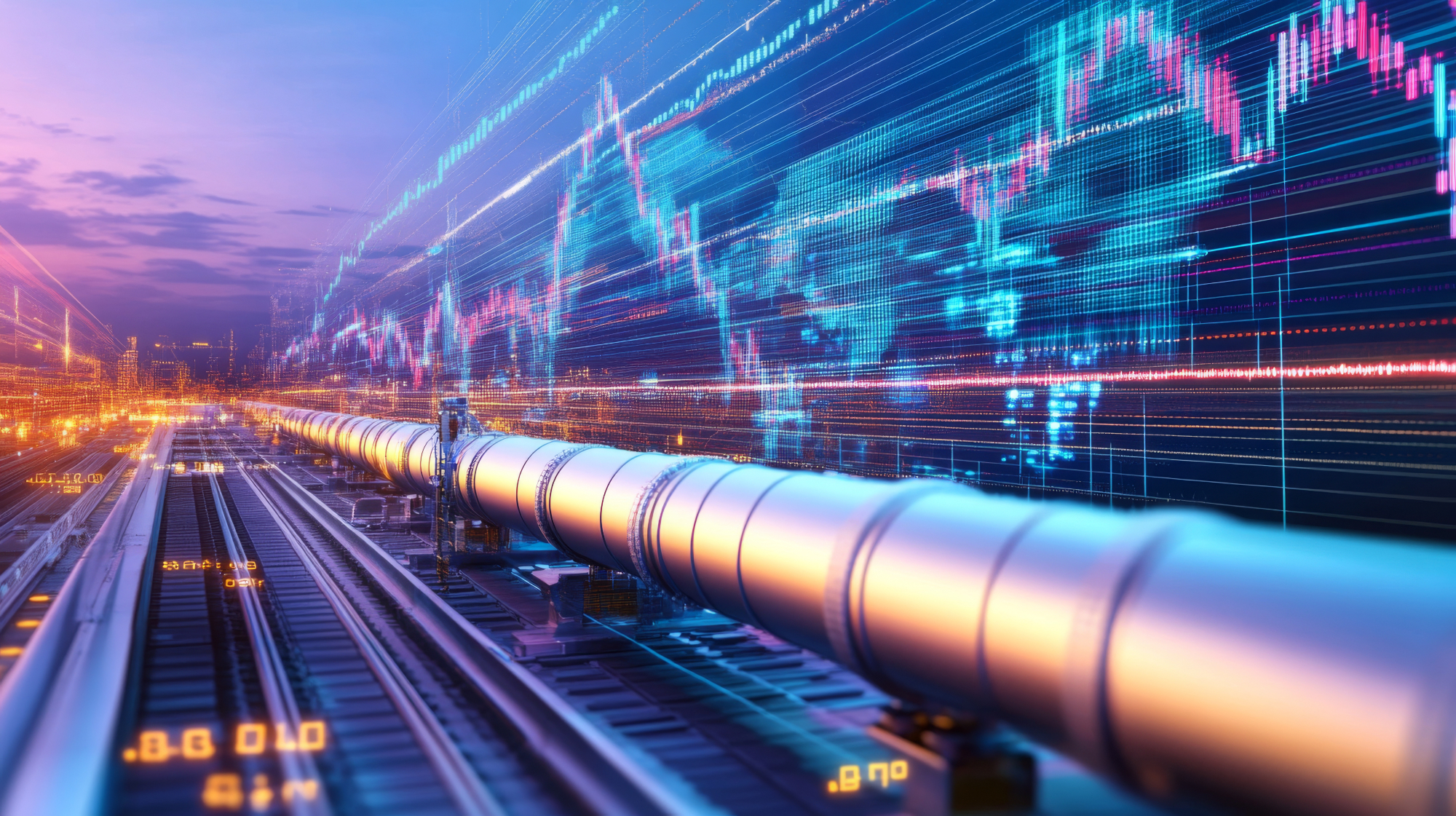 Futuristic pipeline with digital data overlay