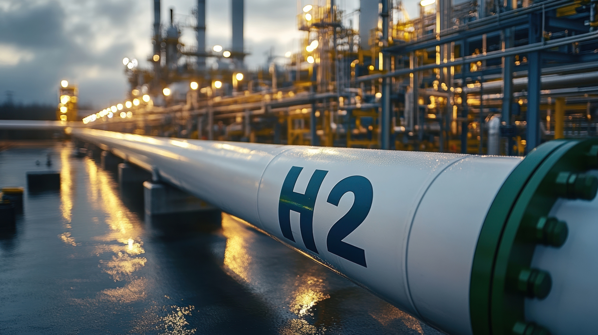 realistic photograph of industrial facility featuring large pipeline labeled H2
