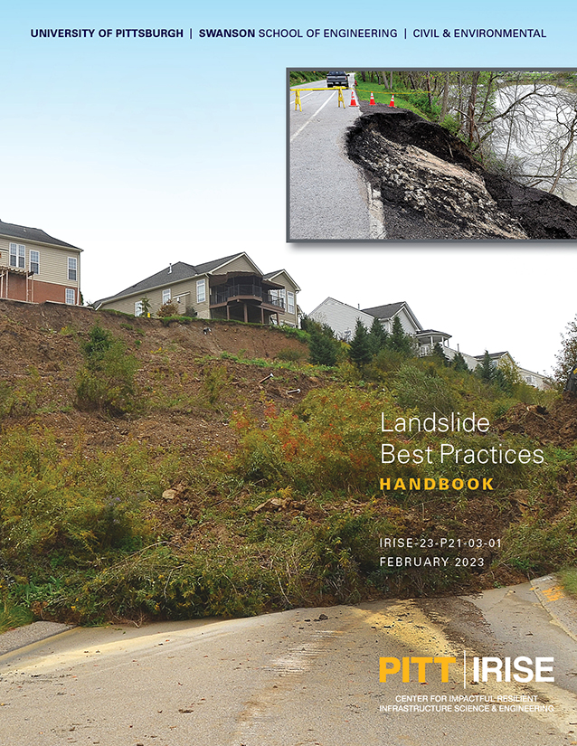 Landslide Best Practices Handbook cover with two images of landslides on a hill