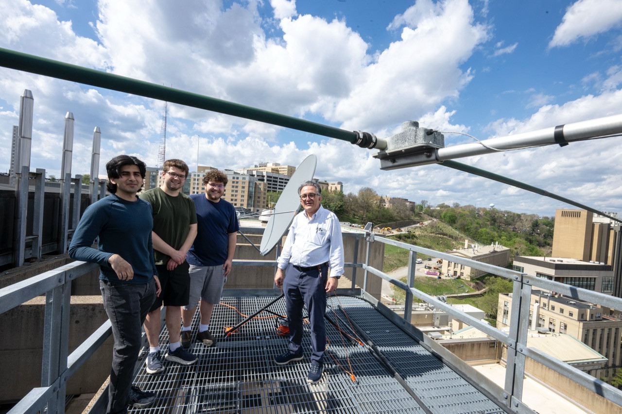 Benedum roof - Taimur Ilahi, Jake Wendt, Sebastian Shaffer, and Juan Manfredi on the roof of Benedum Hall (photo by Thomas Altany) Benedum roof