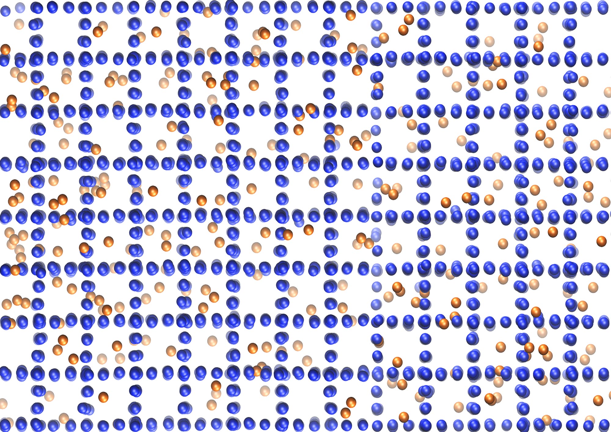 Idealized porous crystal structure (blue spheres) containing adsorbed gas molecules (orange spheres)
