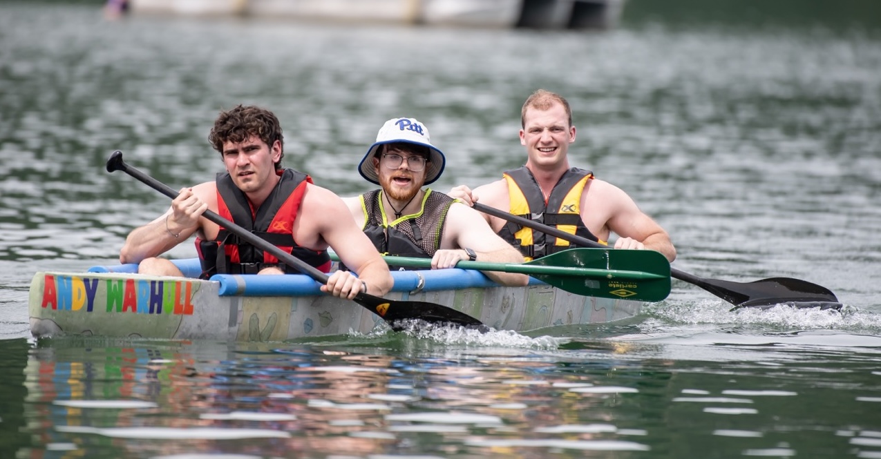 Swanson School of Engineering students after the men's slalom competition at the American Society for Civil Engineers Concrete Canoe Competition held in Tygart Lake, West Virginia. (Photo: Aimee Obidzinski)
