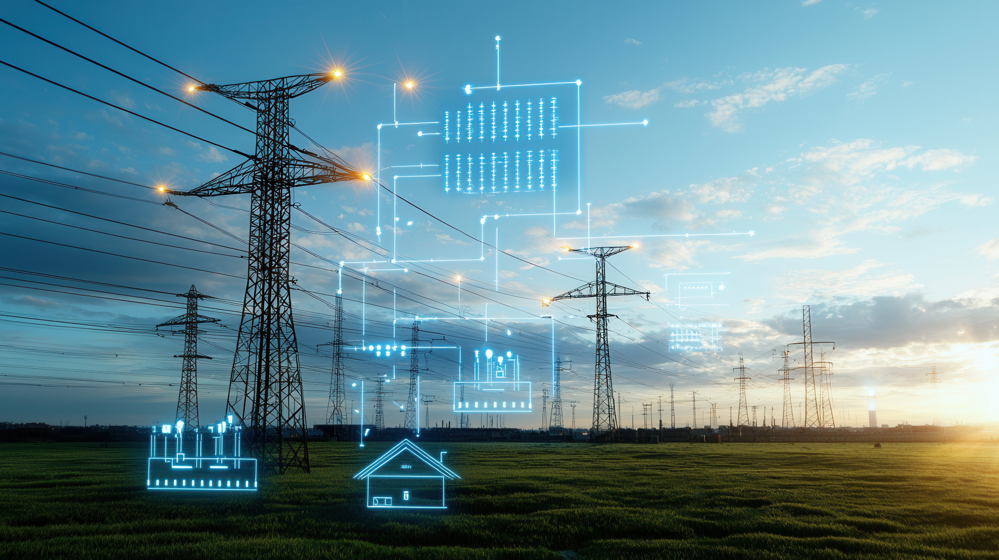 Energy Infrastructure Advanced Power Grid System with Transmission Towers Cables