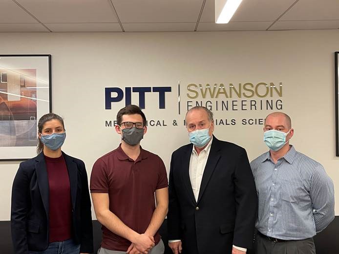 From left, those present were; Anna Barensfeld (Vice President of Strategic Initiatives and fifth generation worker at ELLWOOD) John Davison (MSE junior, scholar recipient), Bob Rumcik (retired President of Ellwood Quality Steels), and Dr. Brendan Connolly (Operations Engineer, Ellwood Quality Steels and former Rumcik Scholar). Also in attendance, but not shown, was Dr. Brian Gleeson, MEMS Department Chair.