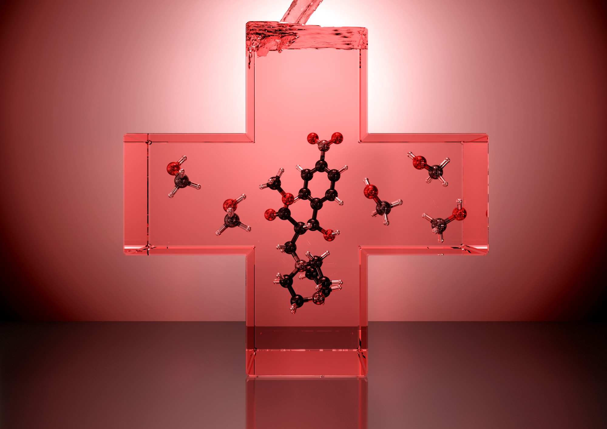 several molecules react in a cross-shaped container