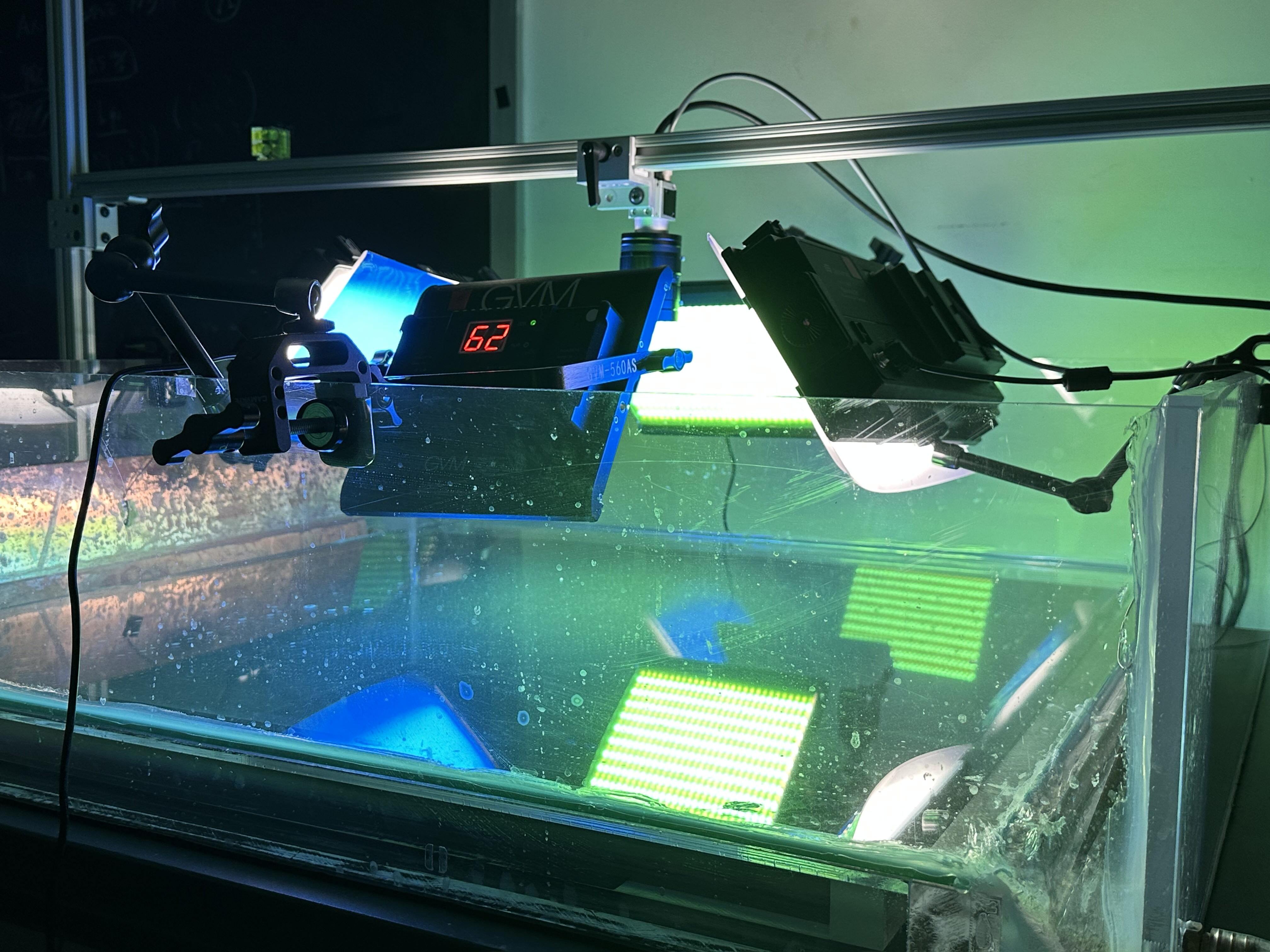 Quasi-two-dimensional laboratory flow system used by the Fang Research Group. In use, the system will be filled with salt water, using magnetic fields generated underneath to create turbulence.