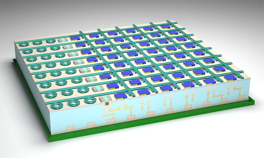A simplified illustration showing a novel computer chip being developed by a multi-institutional research team led by UW ECE faculty members Sajjad Moazeni and Mo Li.   Illustration by Seokhyeong Lee, UW