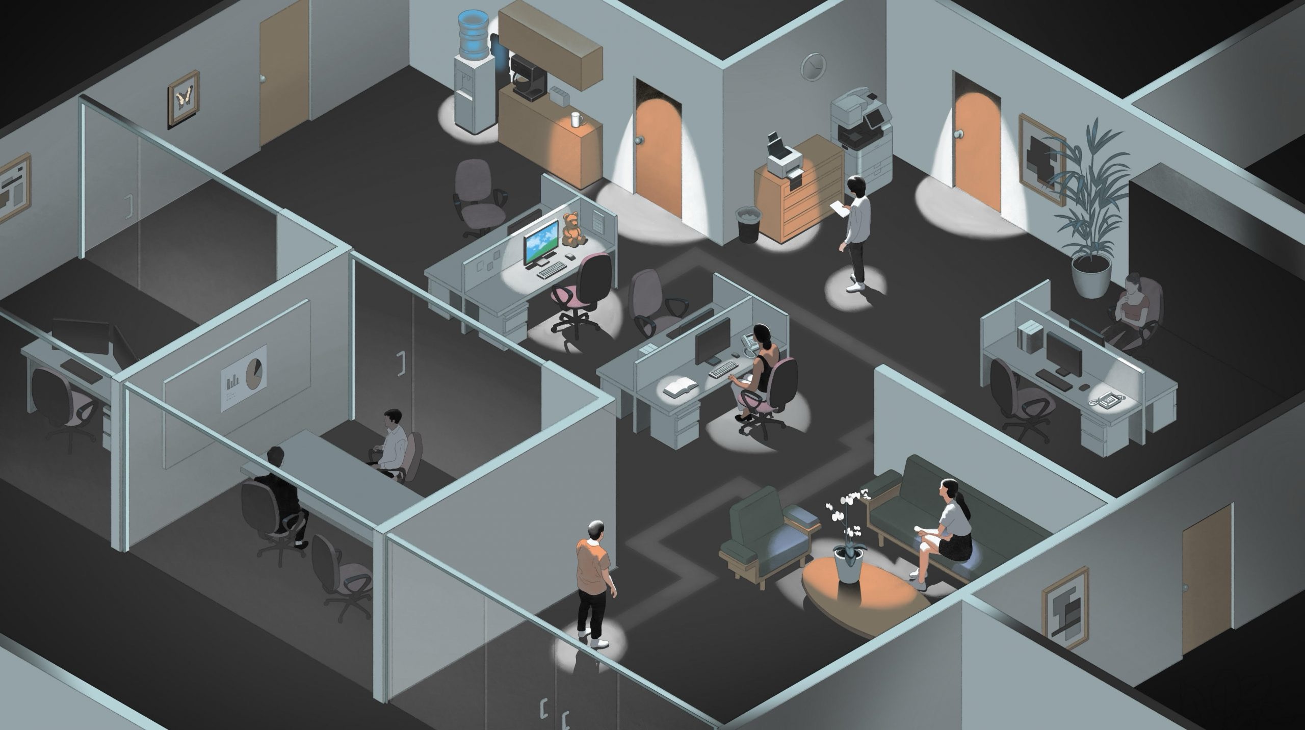 Illustration of employees working in an office, illuminated by spotlights from above. Credit: Jun Cen for Simons Foundation.