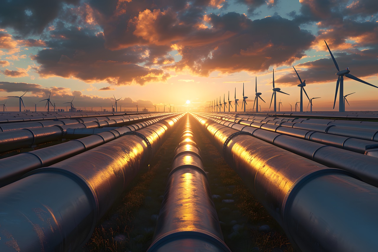 Sustainable energy concept with windmills and pipelines against a stunning sunset