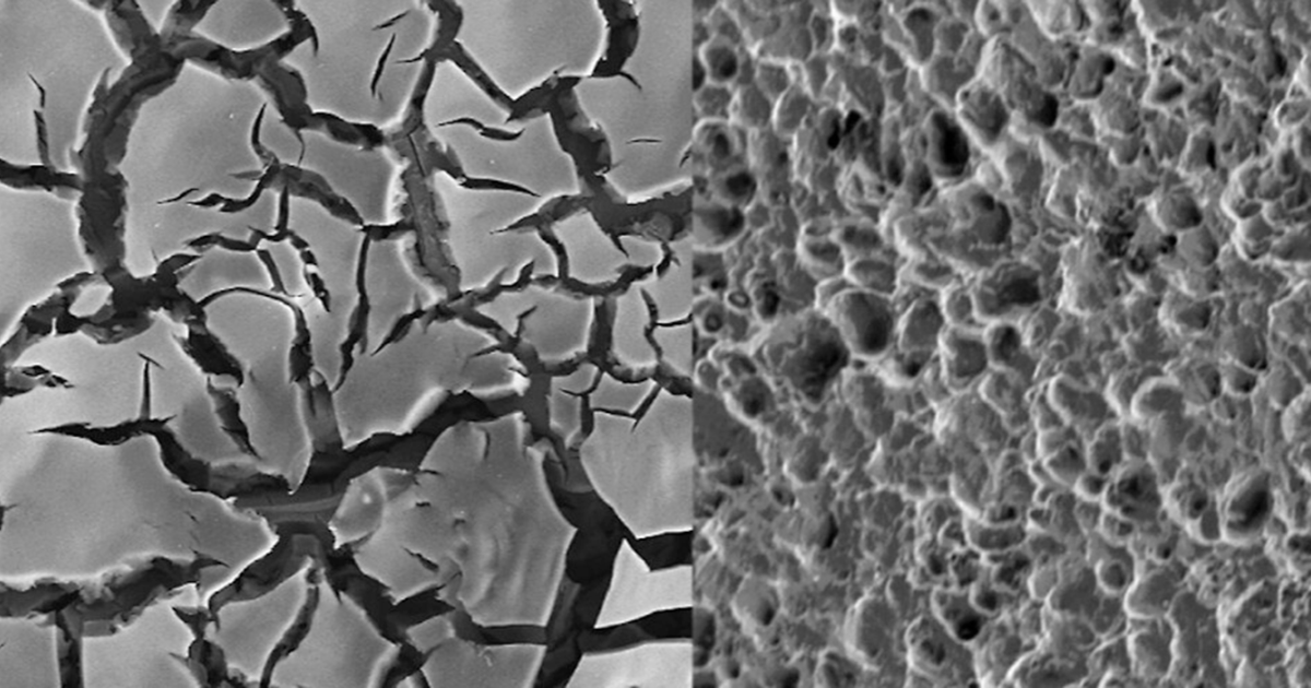 Photography courtesy of John Keith; scanning electron microscopy images of (left) fresh electrodes and (right) used electrodes after 24 hours. Black spots on the used electrode are attributed to carbon contamination.