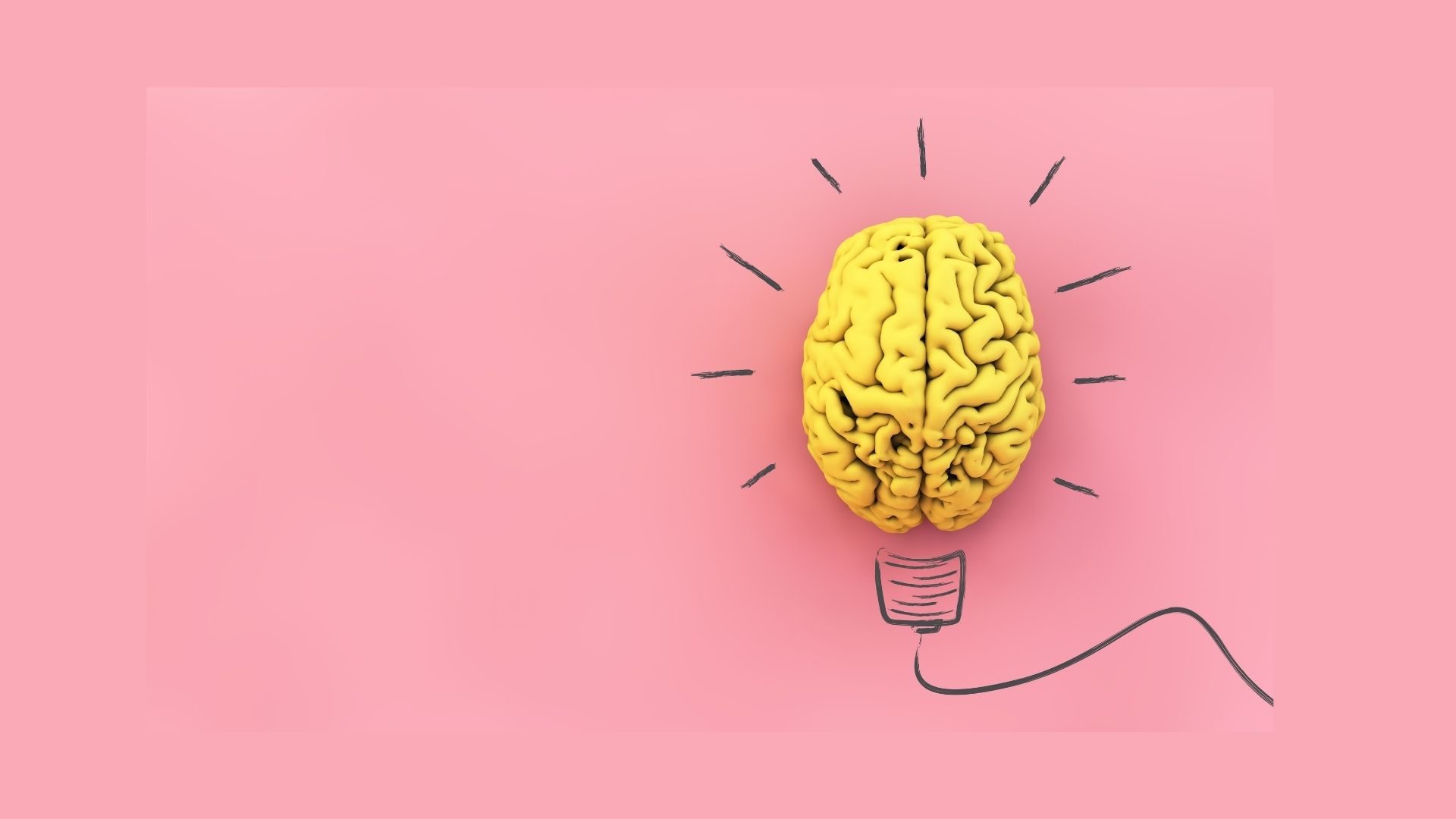 Yellow brain on pink background, with lightbulb drawing