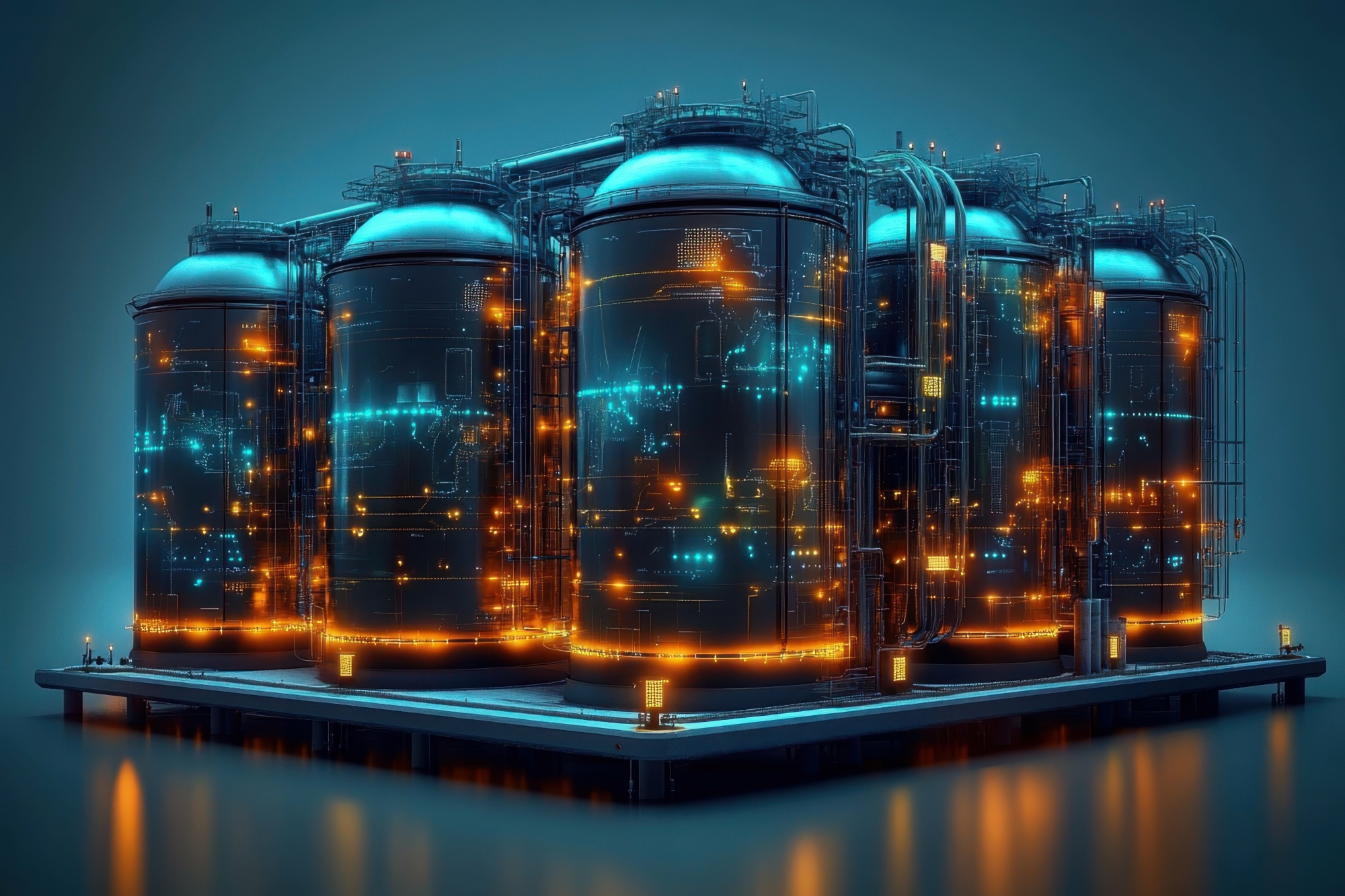 A futuristic nuclear waste processing facility with glowing canisters and clean bright design elements. 