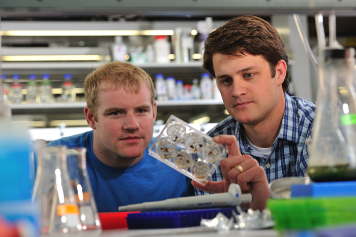 Kile Bibby in the lab with samples and a student