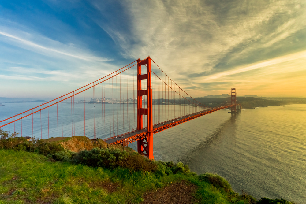 The Golden Gate Bridge in San Francisco at sunset. (Credit: Shutterstock)