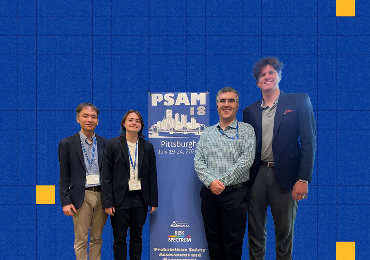 Tatsuya Sakurahara, Emmie Stouffer, Amir Kalantari, and Krzysztof Radziszewski standing in front of a PSAM 18 Conference banner
