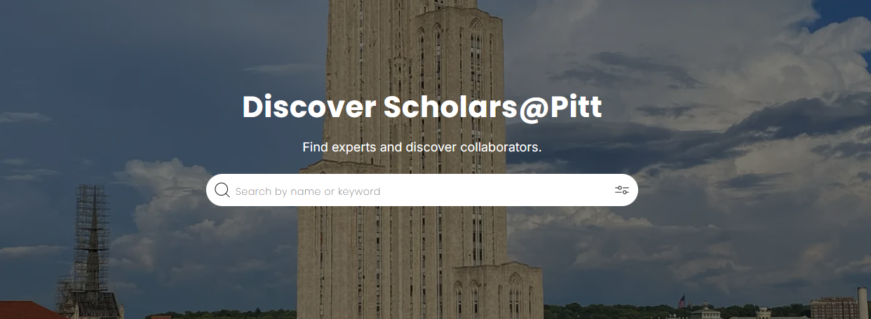 This is an image of a search box with the text Discover Scholars @pitt above it. Find experts and discover collaborators