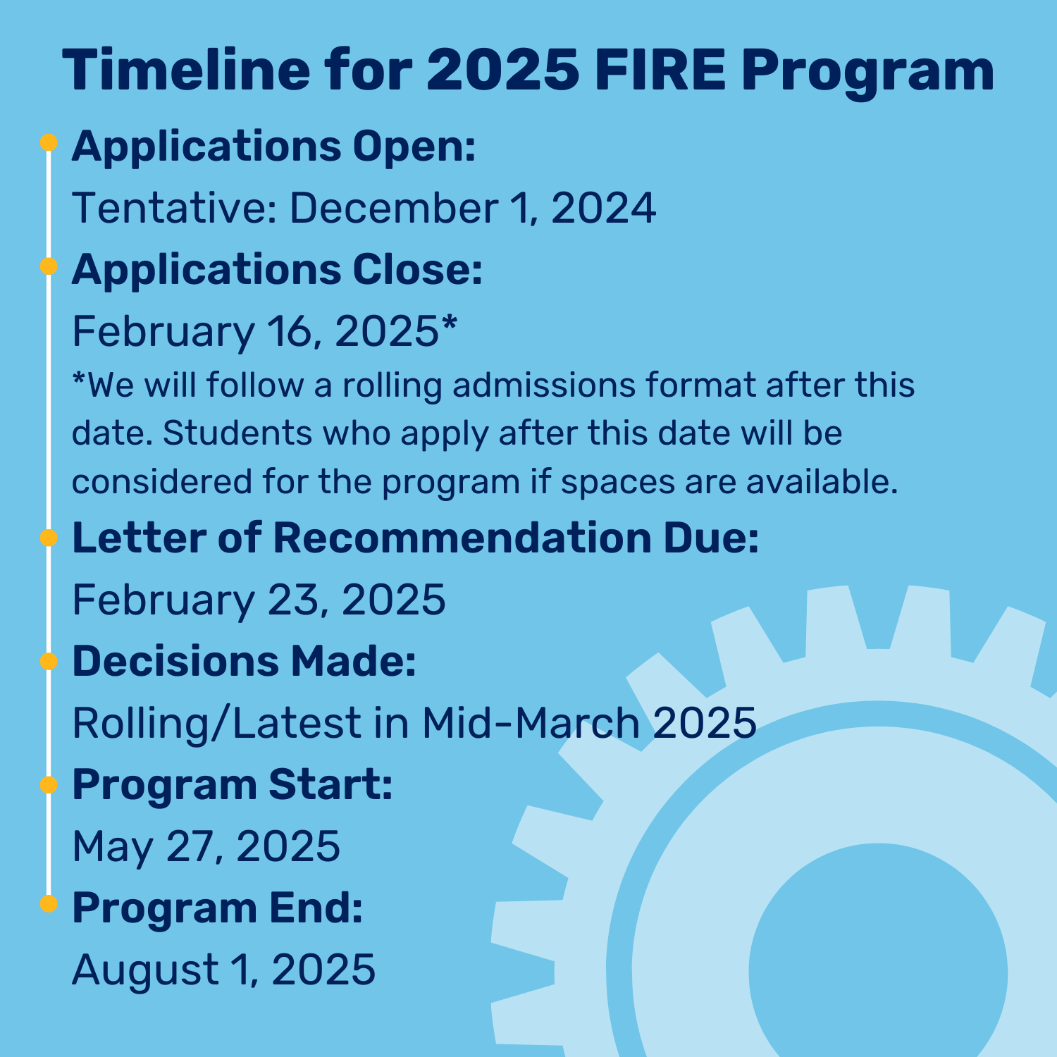 Timeline for 2025 FIRE program