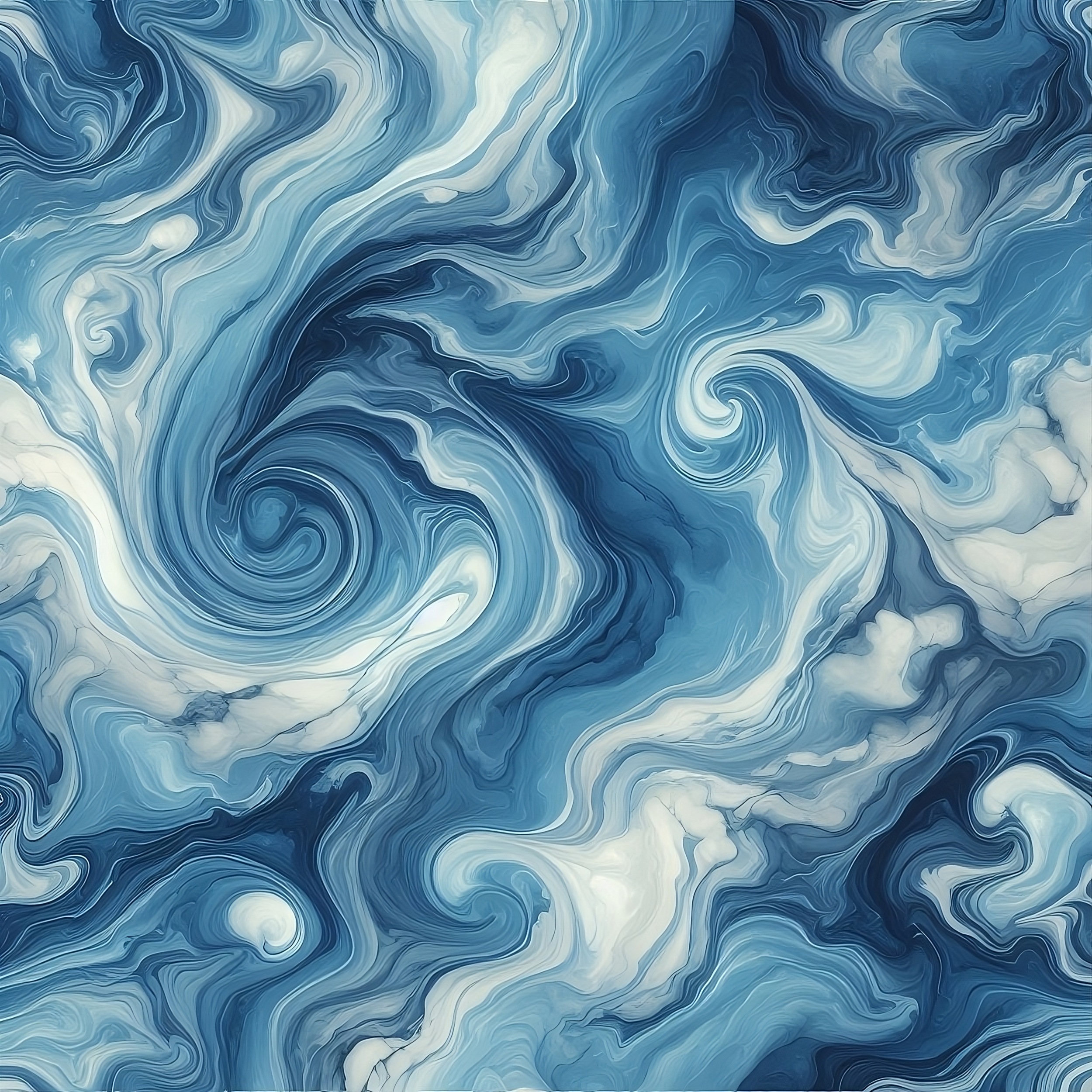 A mesmerizing abstract artwork featuring swirling blue and white patterns. The image captures the dynamic flow and movement, resembling turbulent ocean waves or stormy skies