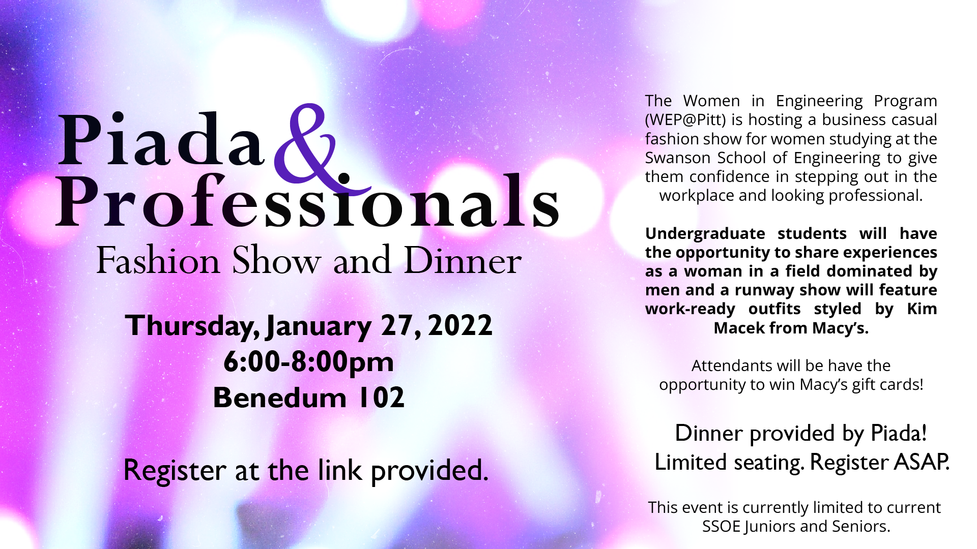 Piada and Professionals old event flyer with event details about the business casual fashion show for women in engineering at Pitt