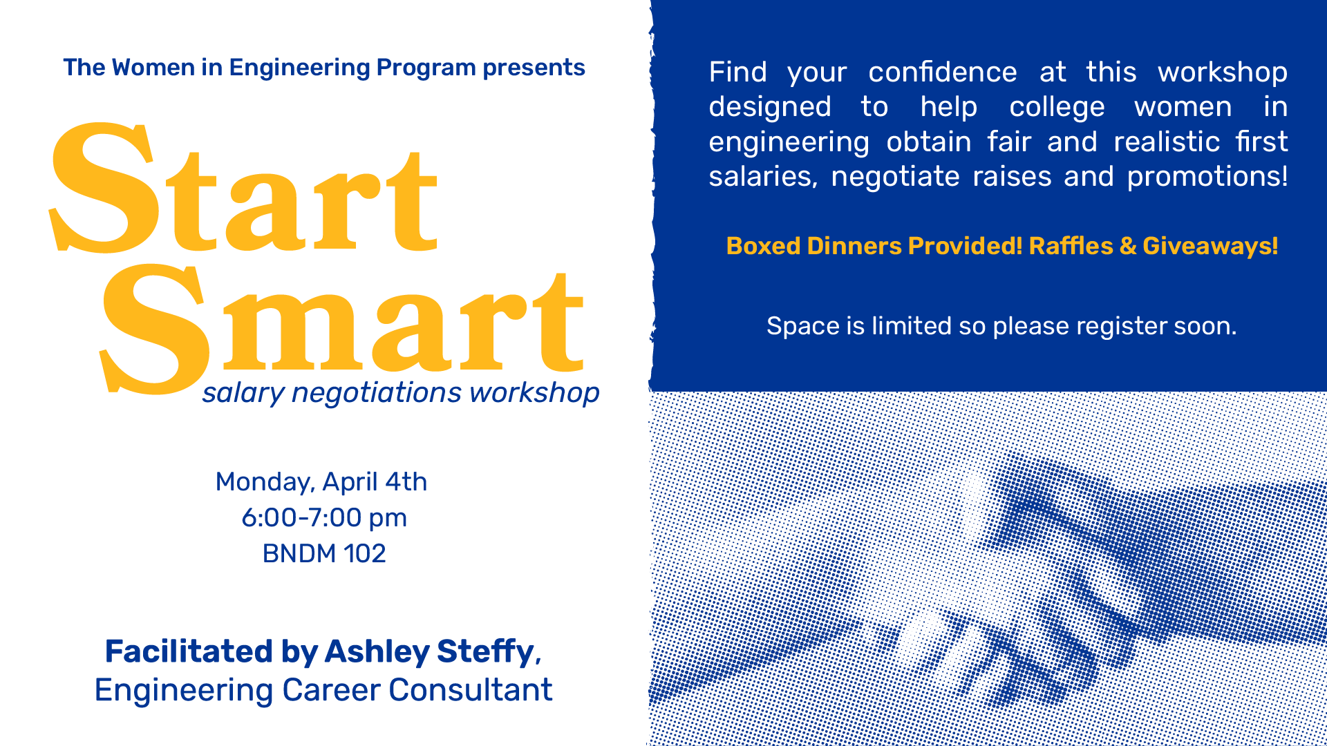 A old event flyer for Start Smart, a salary negotiations workshop for women in engineering at Pitt