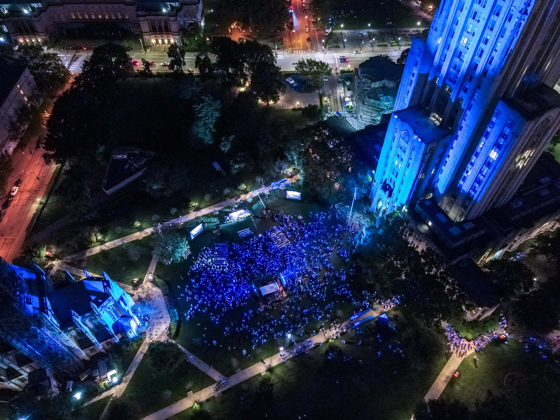 Outside of Cathedral of Learning drone shot from above
