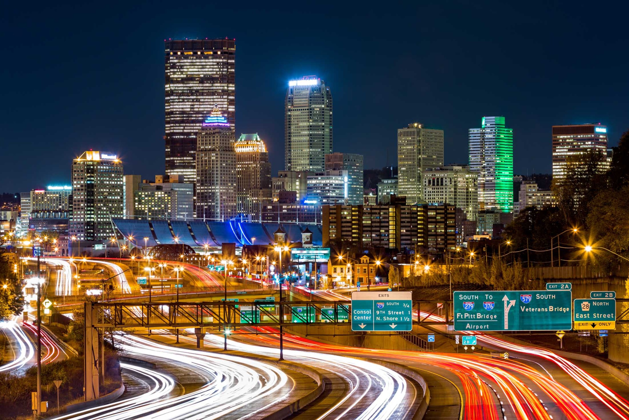 The city skyline of pittsburgh at night