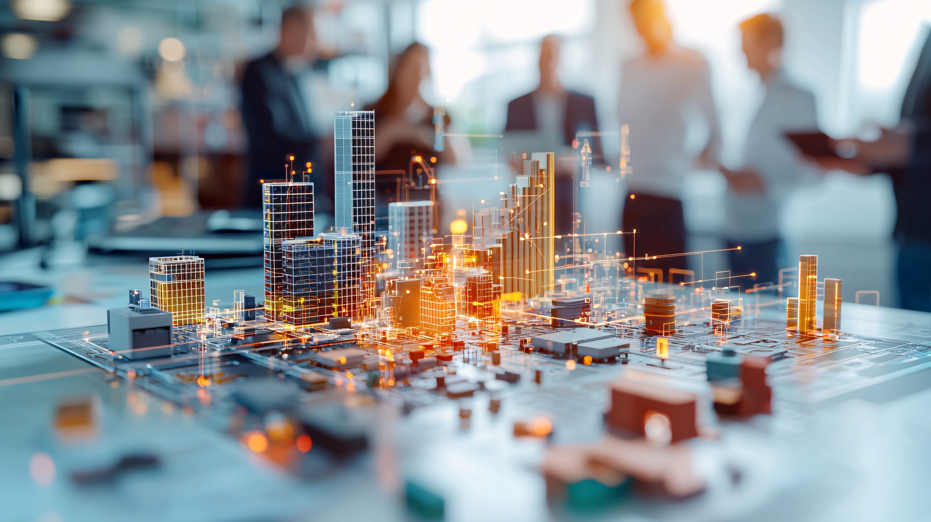 Business professionals planning a digital smart city model with futuristic technology 