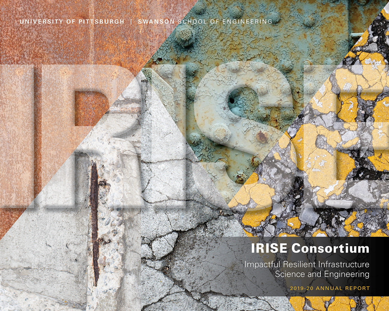 2019-2020 IRISE annual report cover with different types of industrial materials