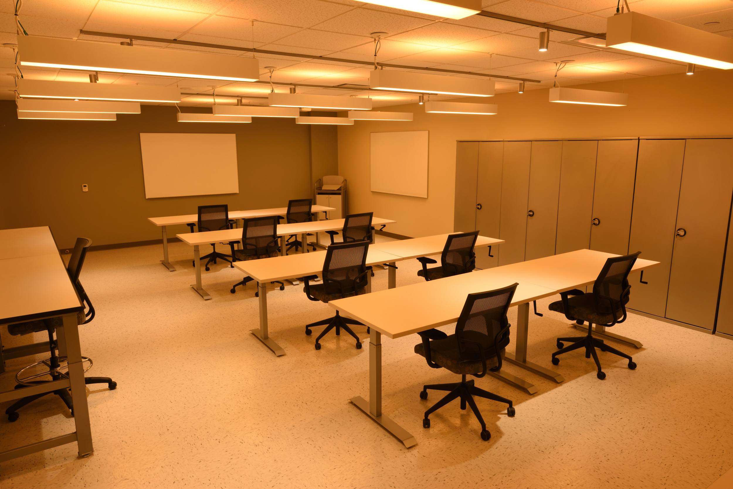 A classroom with warm lighting
