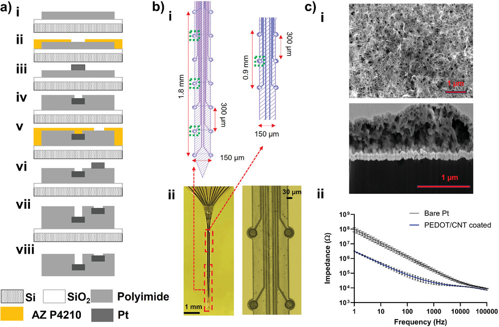  Schematic demonstration of the fabrication process, MEA layout, and PEDOT/CNT coating characterization.  