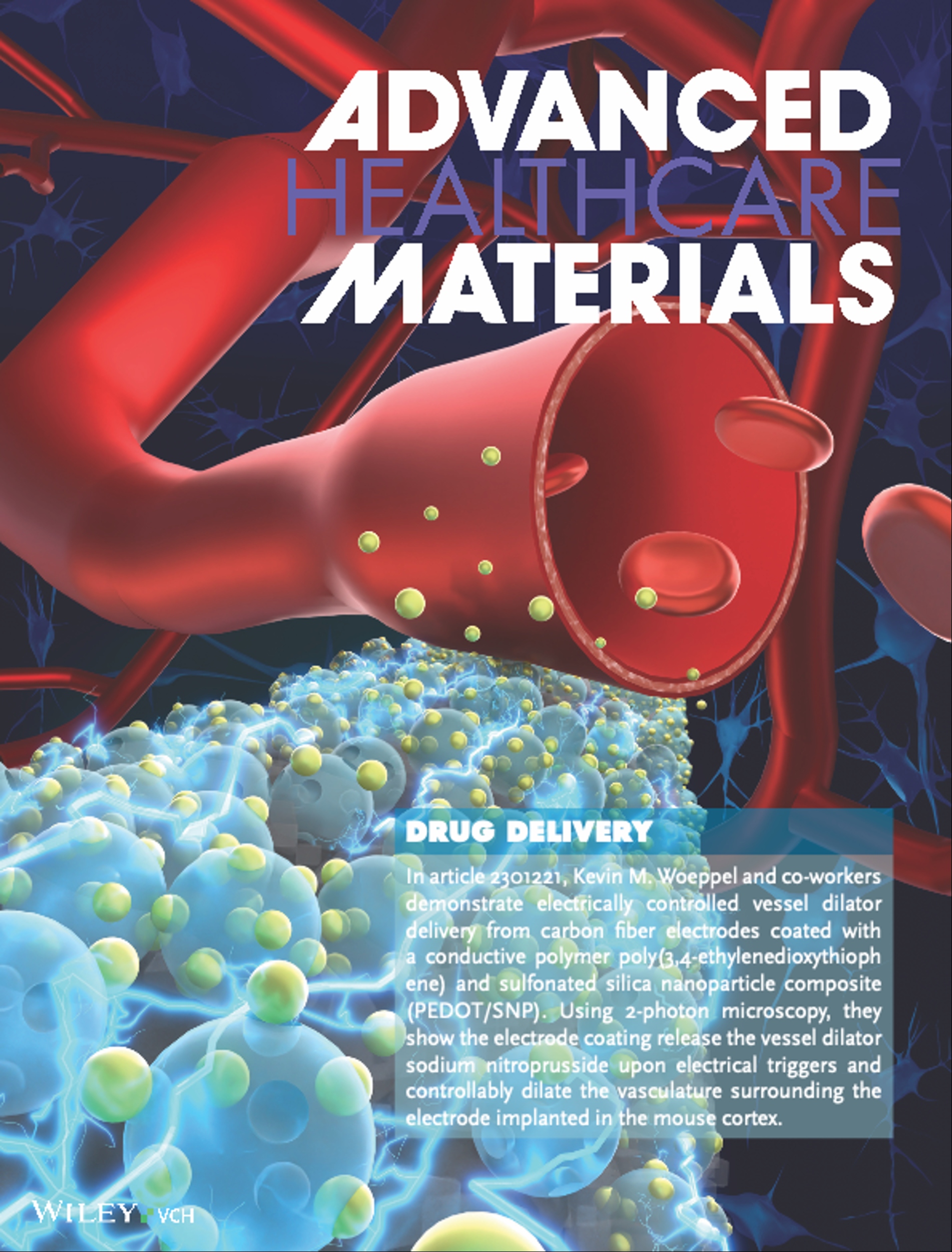 cover of the advanced healthcare materials publication with info about drug delivery and image of blood vessels