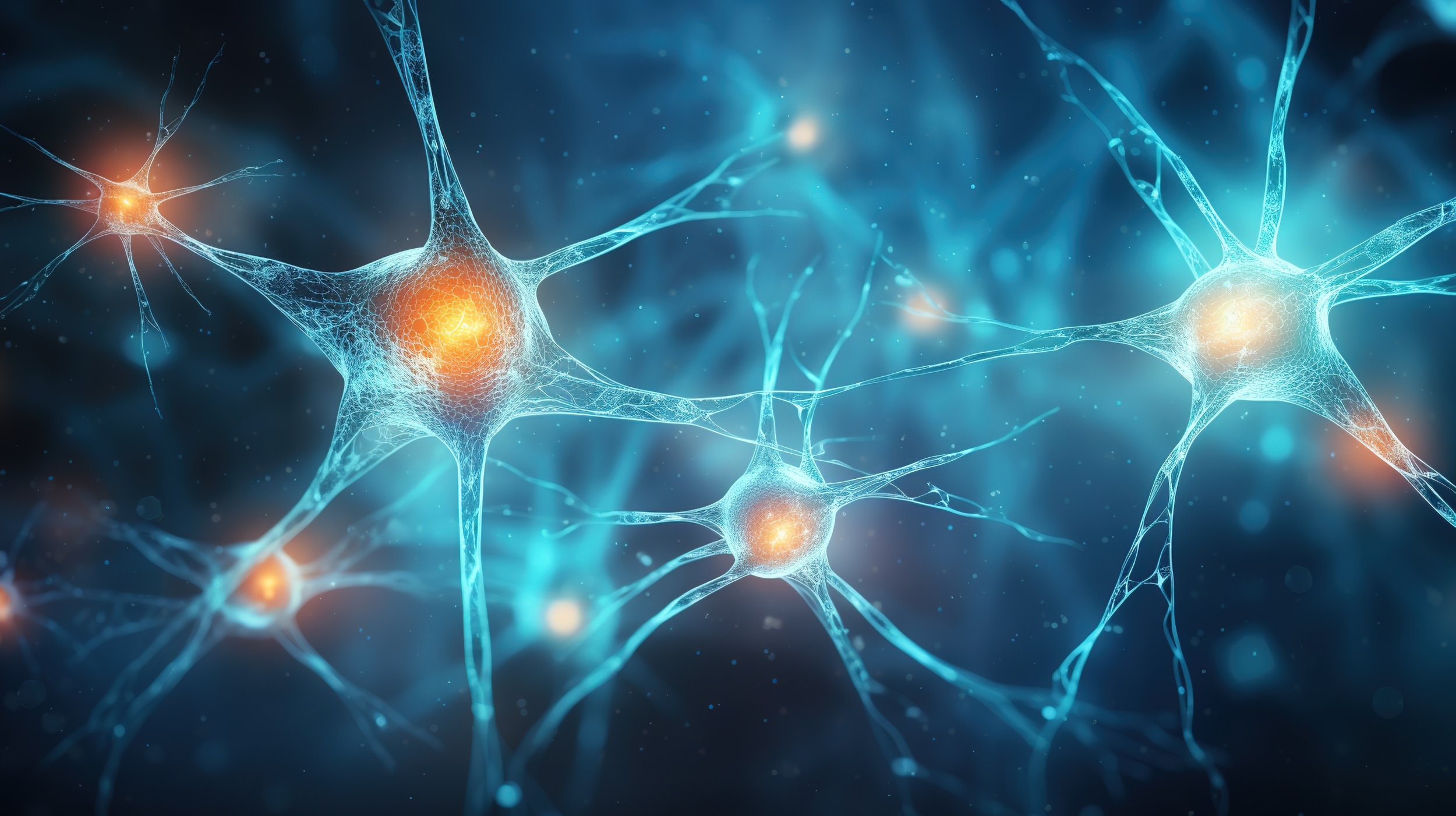  Active nerve cells. Neuronal network with electrical activity of neuron cells. Neuroscience, neurology, brain activity, nervous system and impulse, microbiology concepts.  